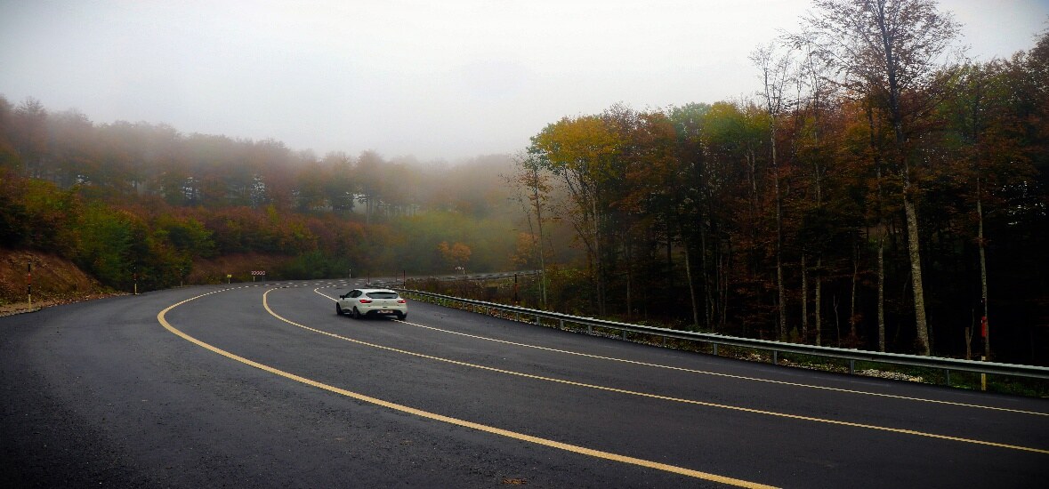 A car traveling on a winding road through autumn trees